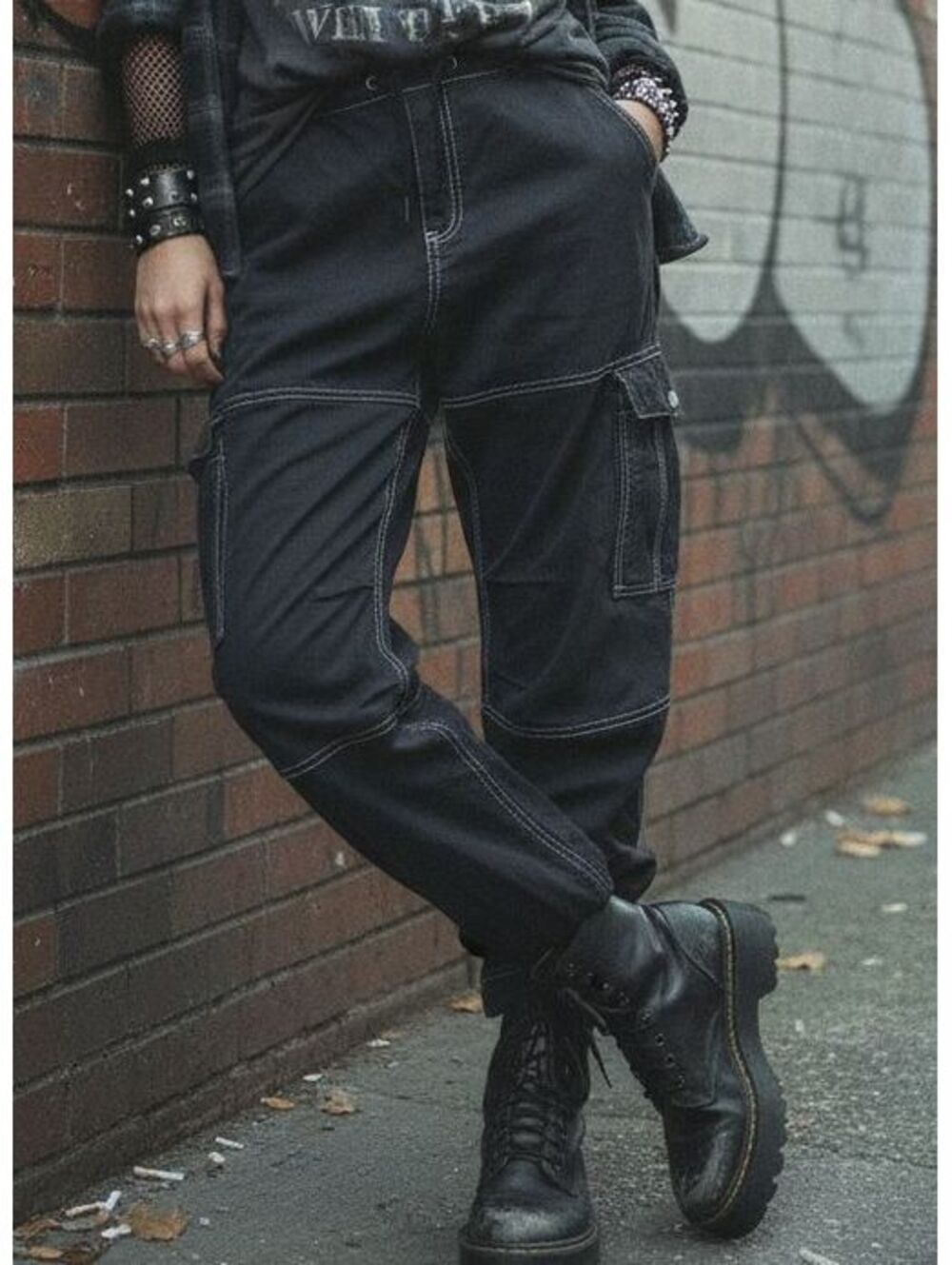 Garage Charcoal Grey Cargo Pants Drawstring Waist Contrast Stitching Size PS Y2K